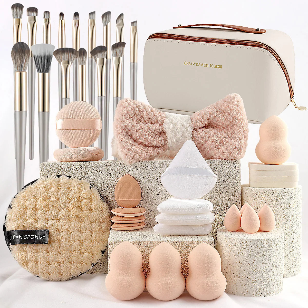 36-Piece Makeup Brush Set with Sponge, Headband & Storage Pouch – Professional Cosmetic Tools for Foundation, Blending