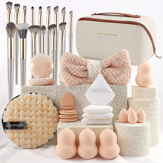 36-Piece Makeup Brush Set with Sponge, Headband & Storage Pouch – Professional Cosmetic Tools for Foundation, Blending